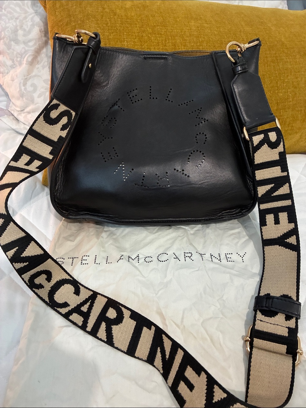 Stella McCartney Black Faux-Leather Crossbody with Logo Jacquard Strap
